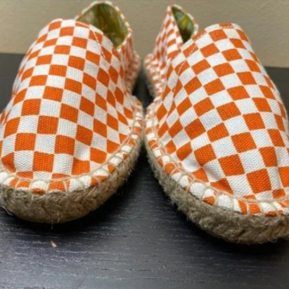 Orange white checkered printed linen shoes
